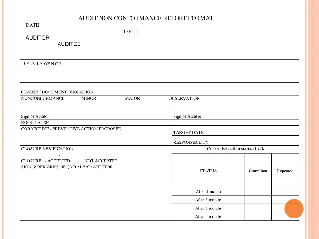 audit non conformance report format deptt auditor