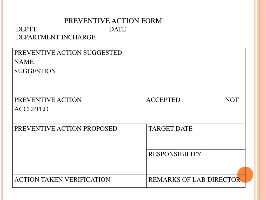 preventive action form date department incharge