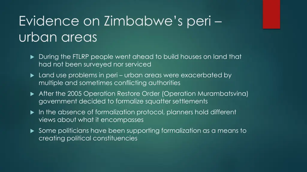evidence on zimbabwe s peri urban areas