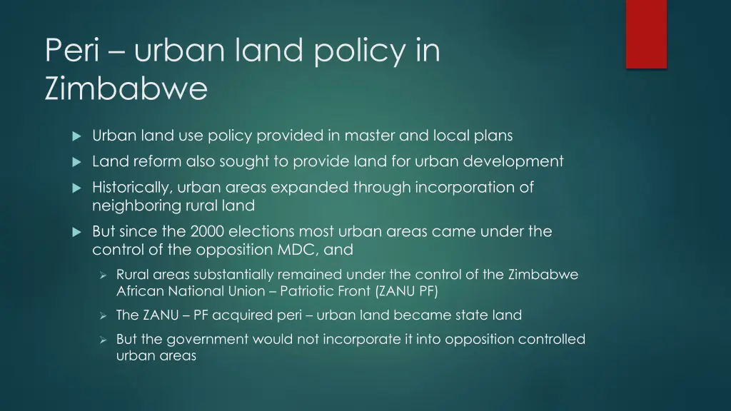 peri urban land policy in zimbabwe
