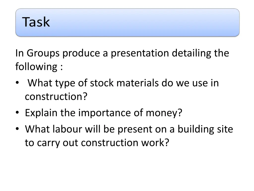 in groups produce a presentation detailing