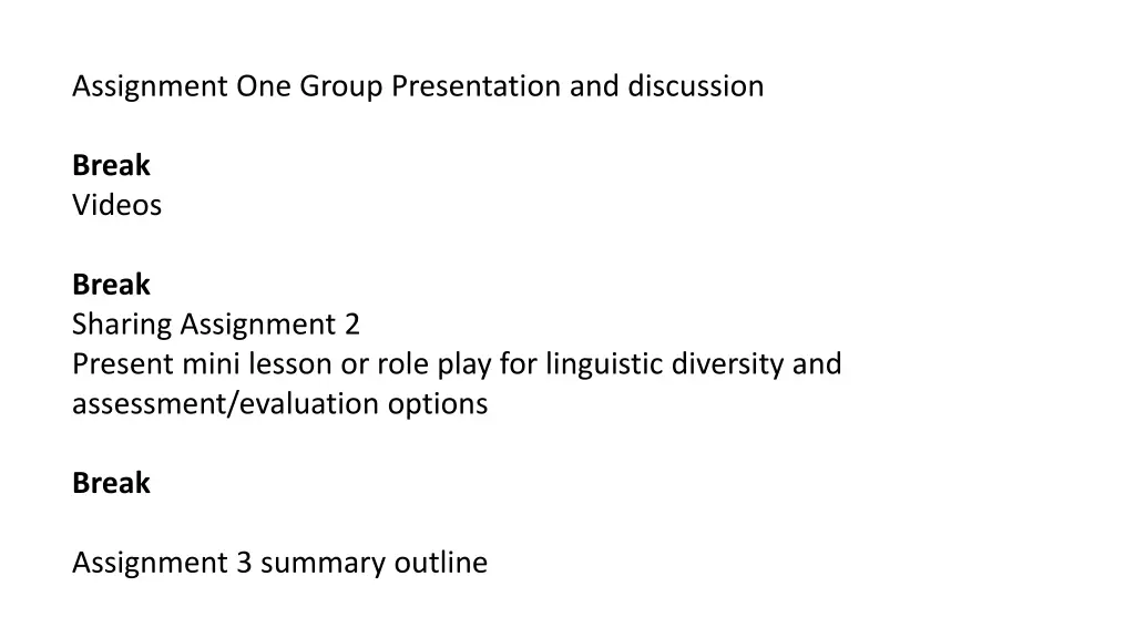 assignment one group presentation and discussion