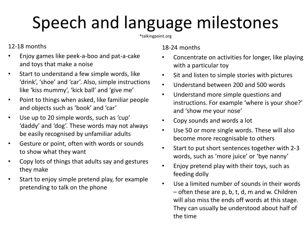 speech and language milestones talkingpoint org