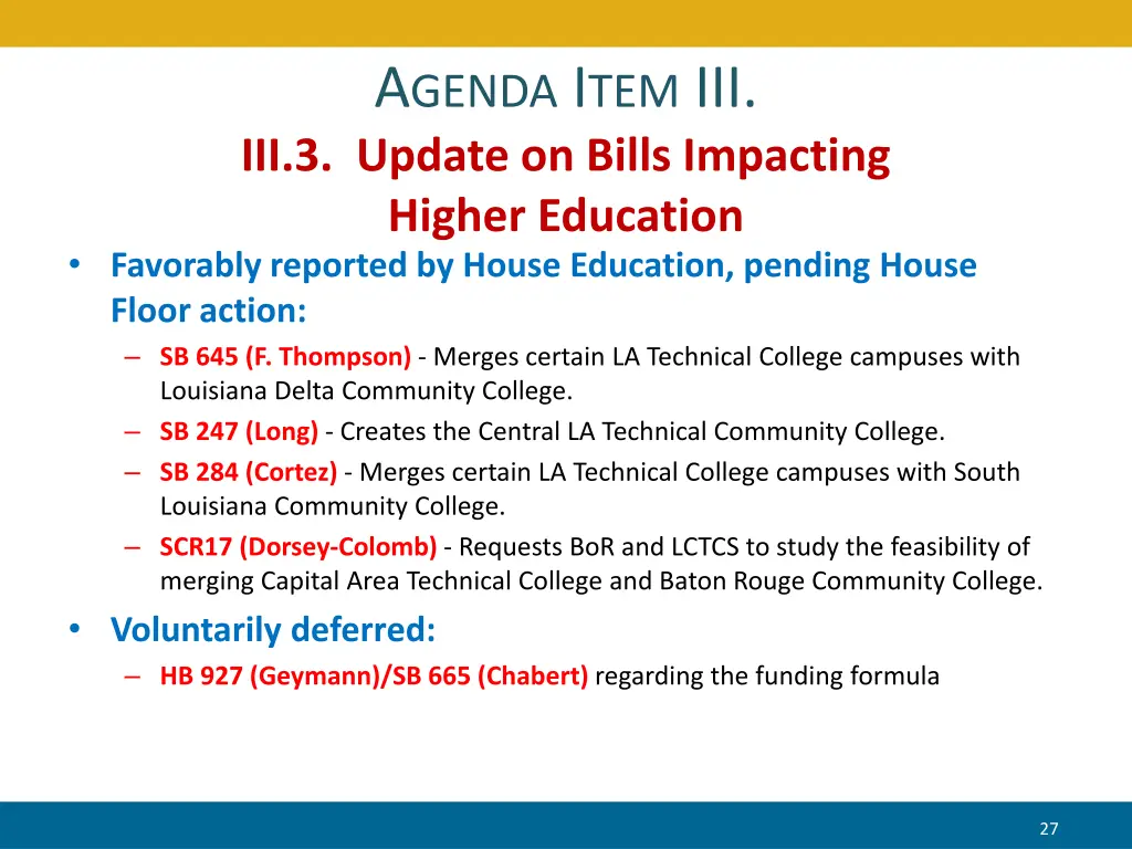 a genda i tem iii iii 3 update on bills impacting