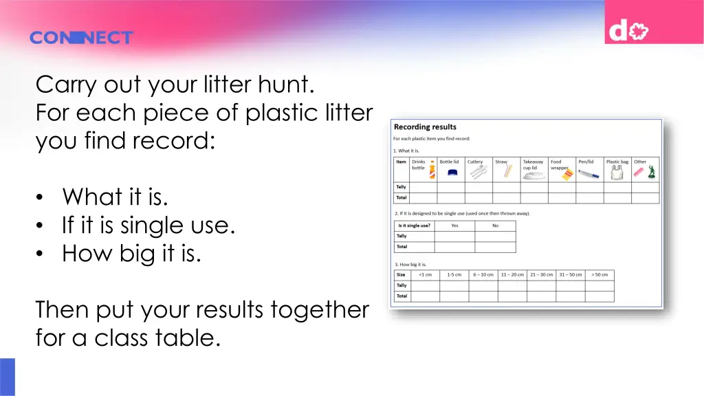 carry out your litter hunt for each piece