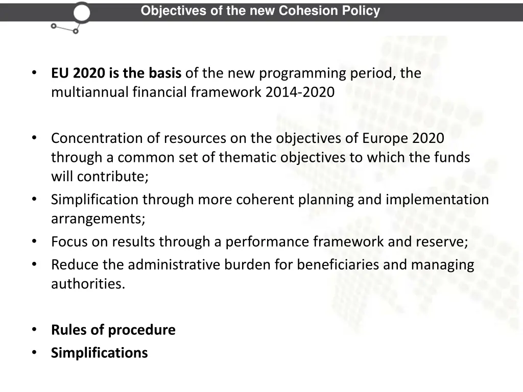 objectives of the new cohesion policy