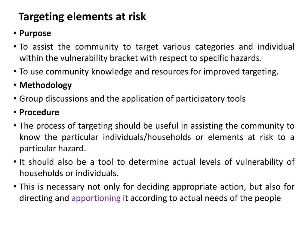 targeting elements at risk purpose to assist