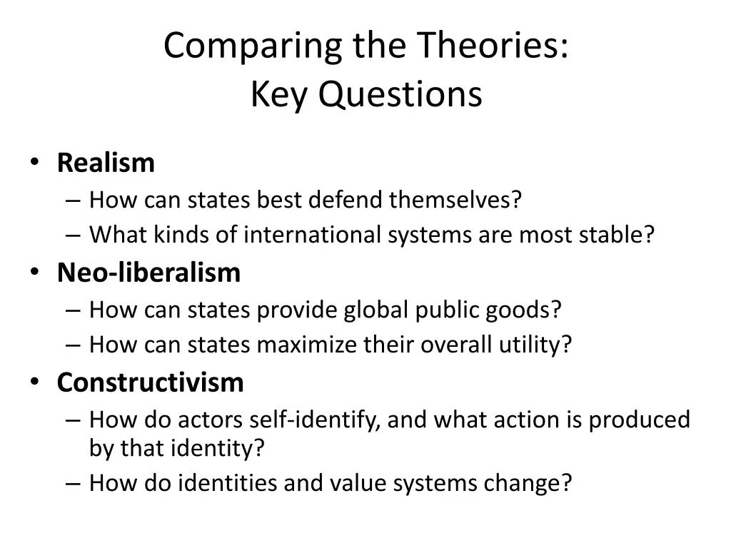 comparing the theories key questions