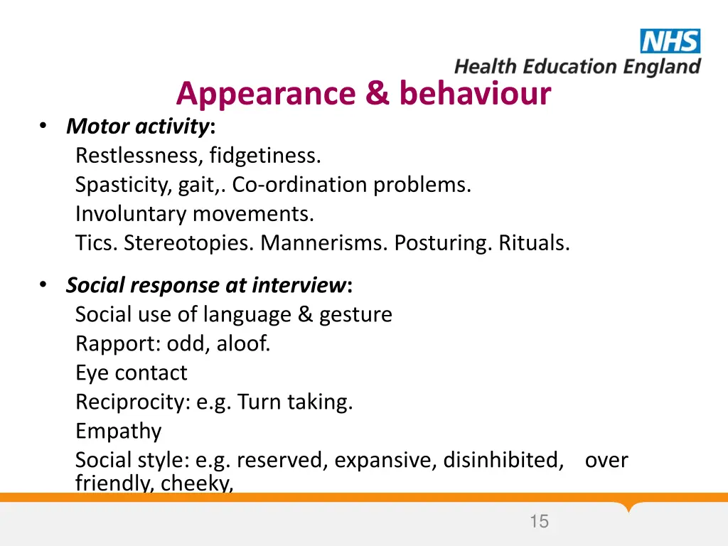 appearance behaviour motor activity restlessness