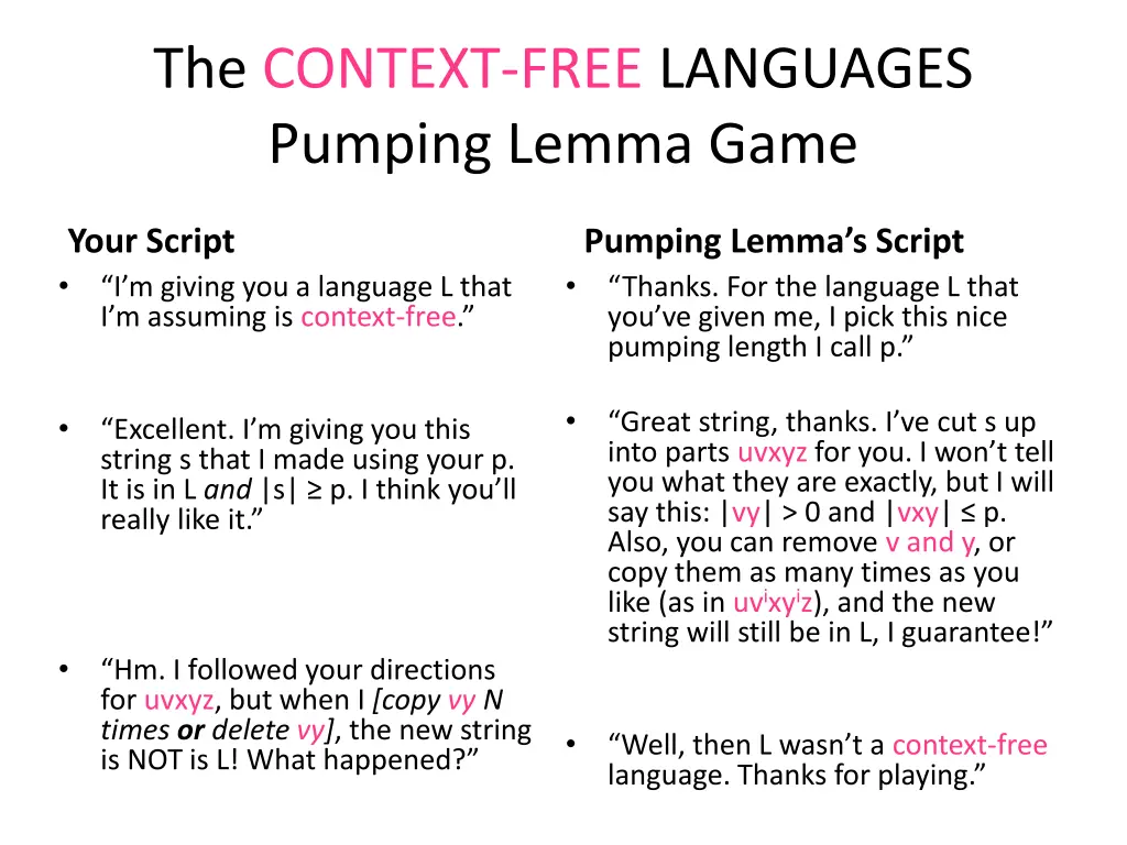 the context free languages pumping lemma game