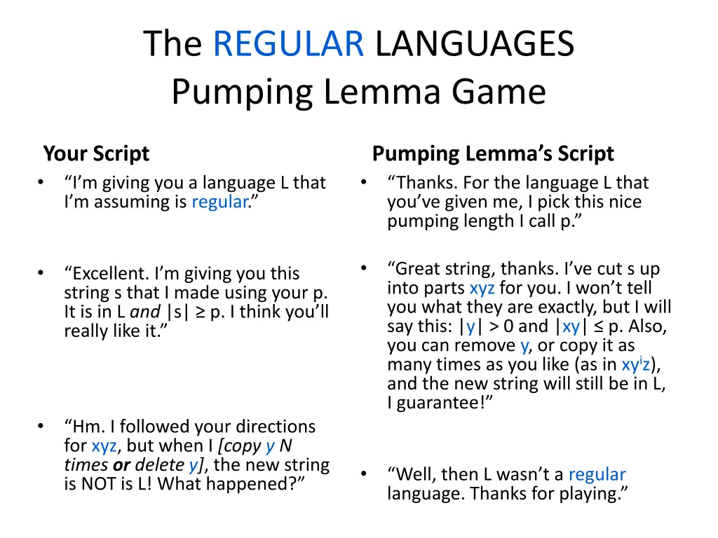 the regular languages pumping lemma game