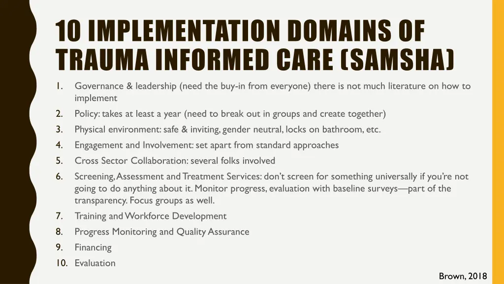 10 implementation domains of trauma informed care