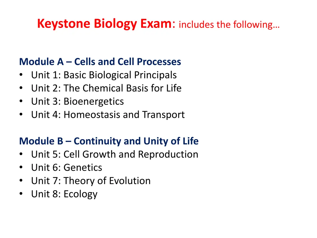 keystone biology exam includes the following