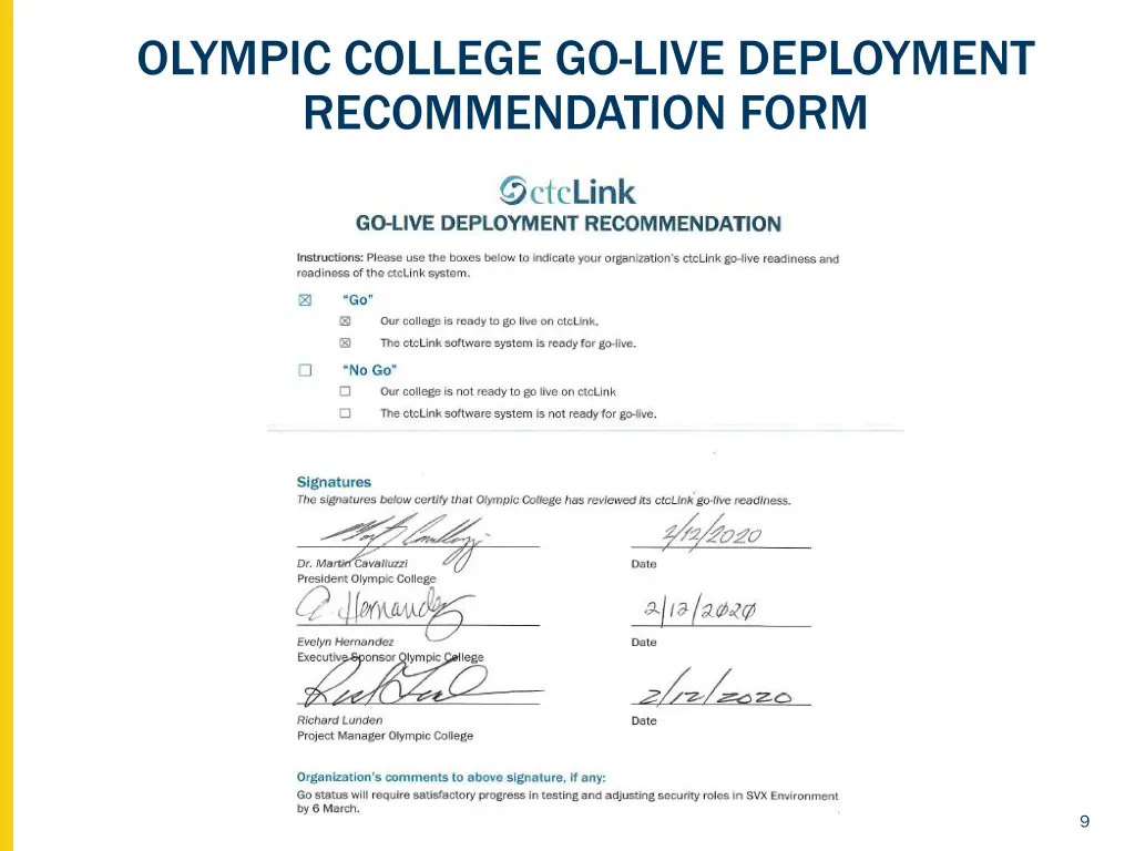 olympic college go live deployment recommendation