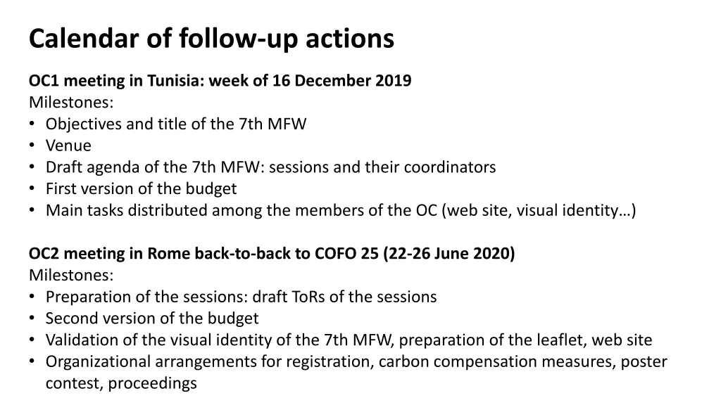 calendar of follow up actions