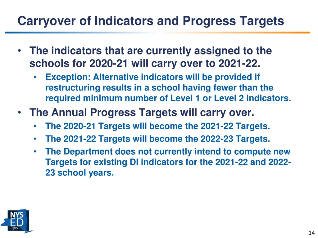 carryover of indicators and progress targets