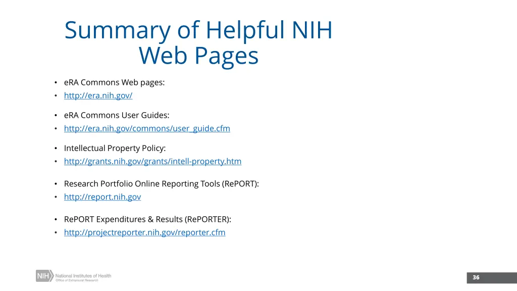 summary of helpful nih web pages 1