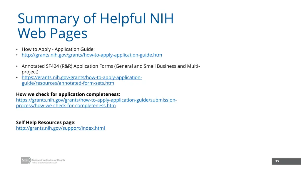 summary of helpful nih web pages