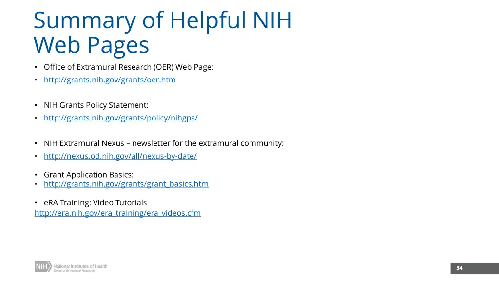 summary of helpful nih web pages office