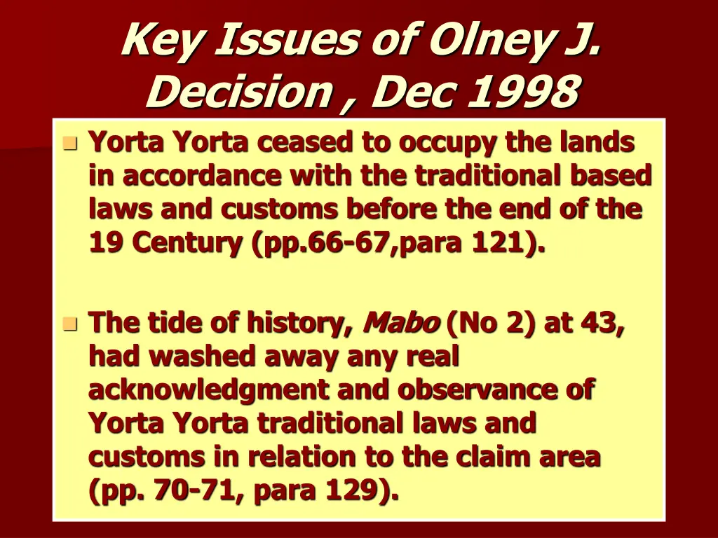 key issues of olney j decision dec 1998 yorta