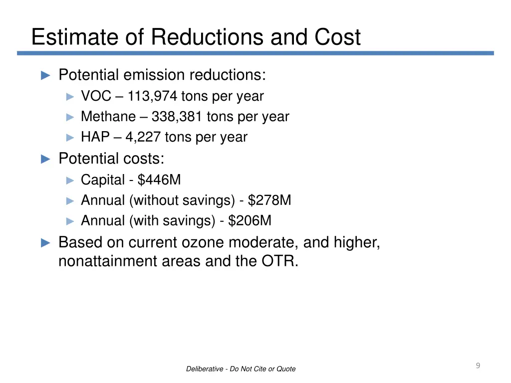 estimate of reductions and cost