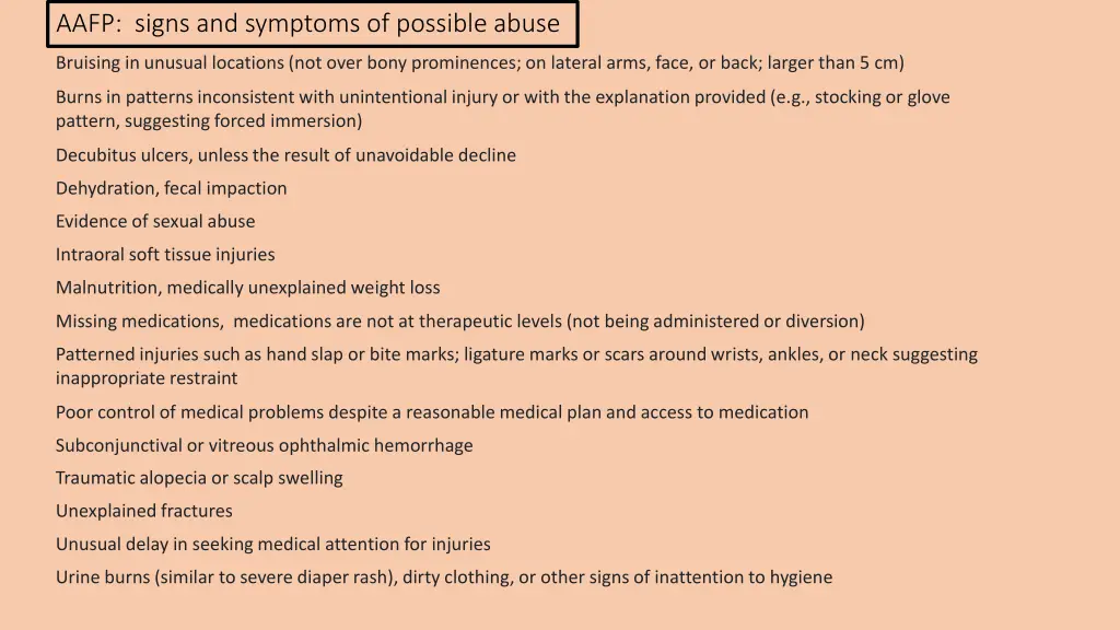 aafp signs and symptoms of possible abuse