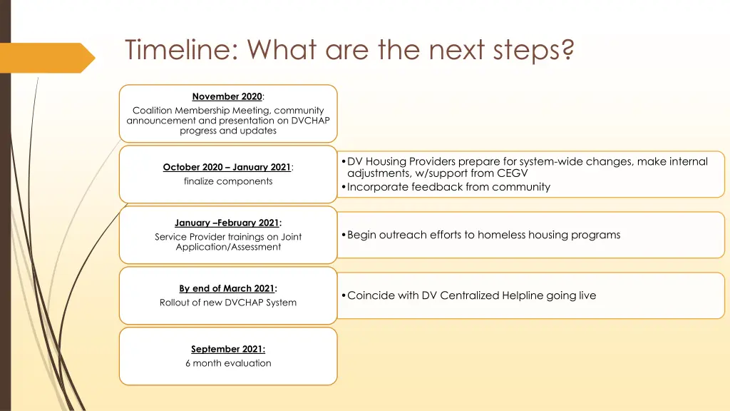 timeline what are the next steps
