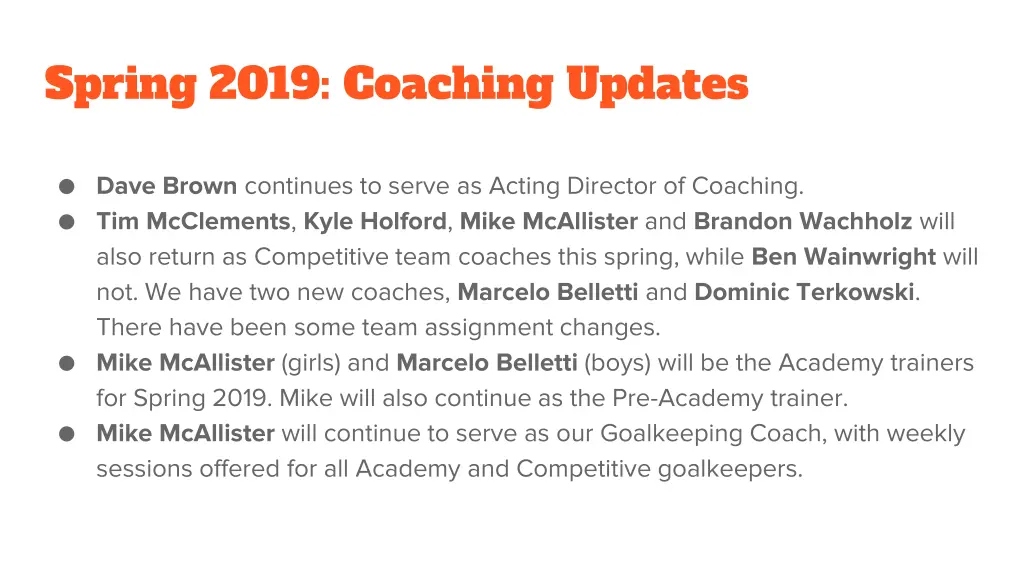 spring 2019 coaching updates