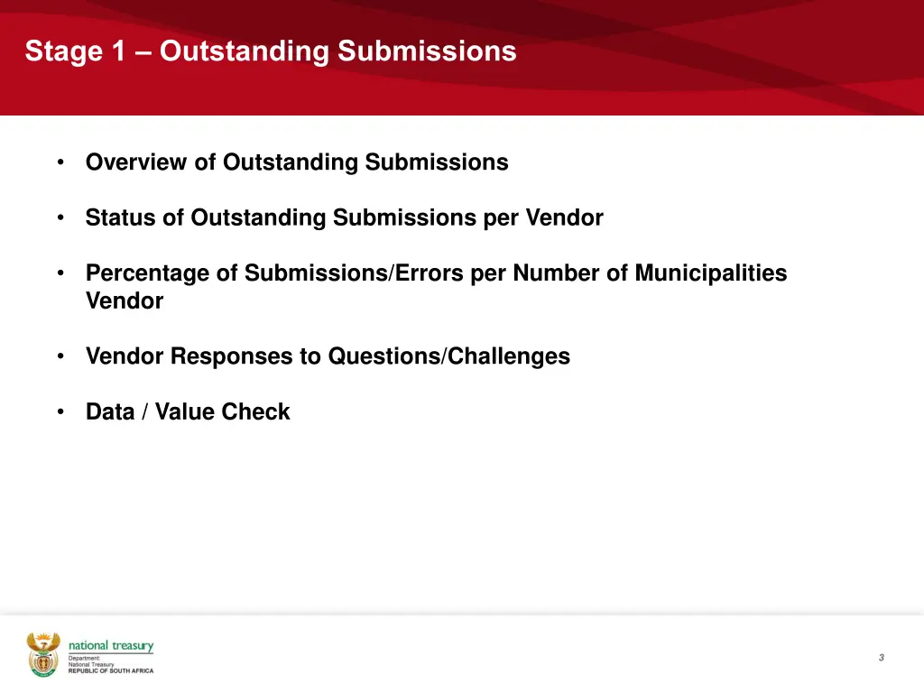 stage 1 outstanding submissions