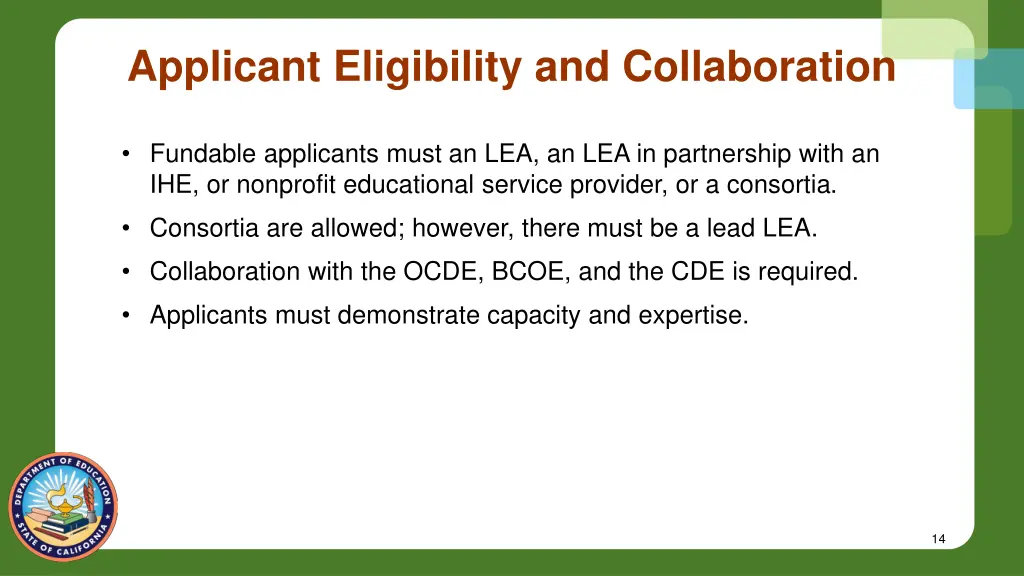 applicant eligibility and collaboration