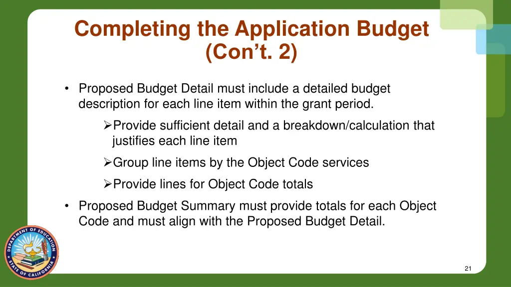 completing the application budget con t 2