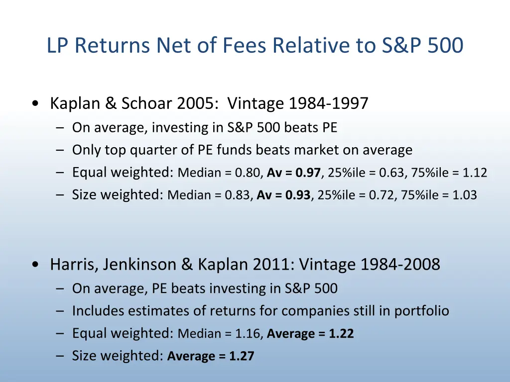 lp returns net of fees relative to s p 500