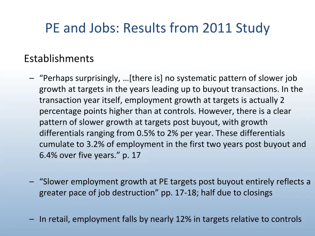 pe and jobs results from 2011 study