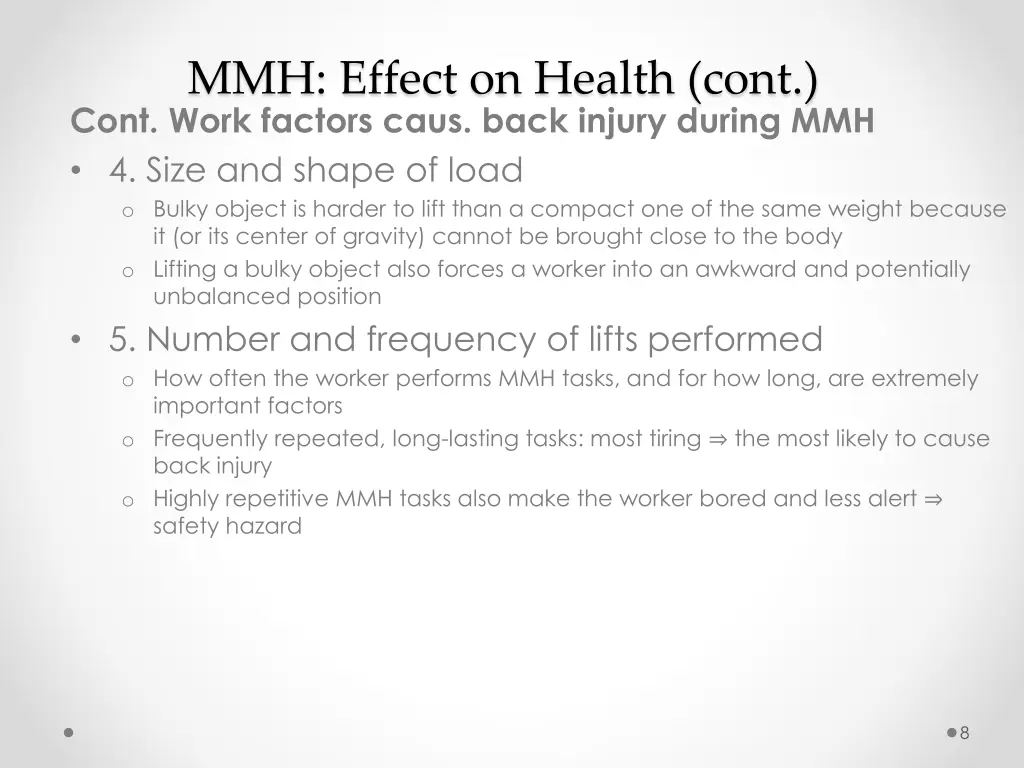 mmh effect on health cont cont work factors caus