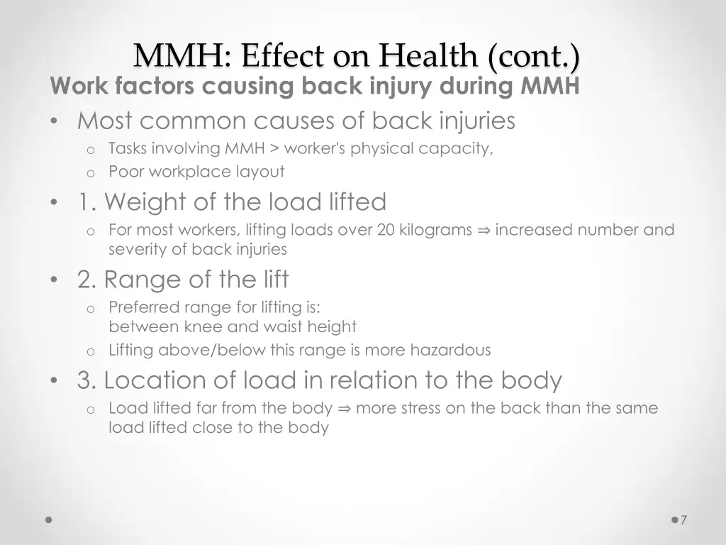 mmh effect on health cont work factors causing