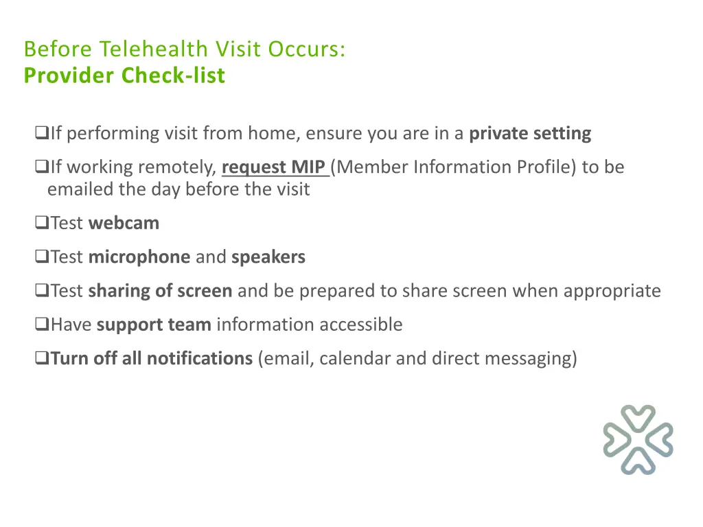 before telehealth visit occurs provider check list