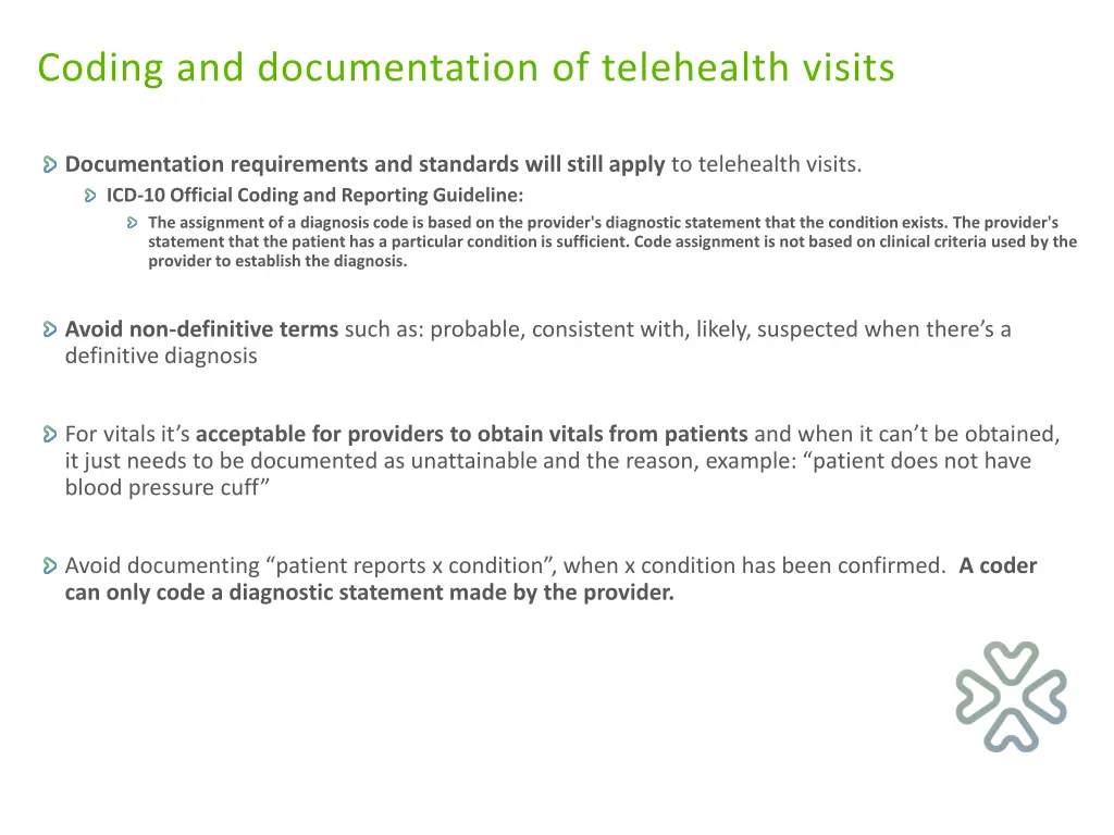 coding and documentation of telehealth visits
