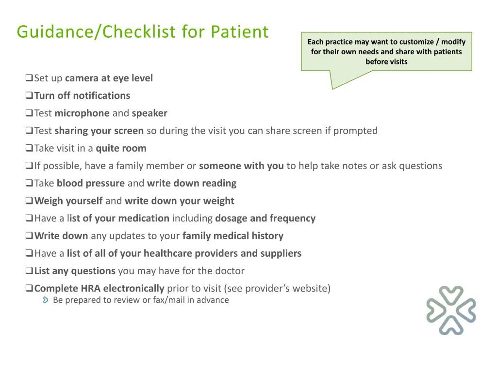 guidance checklist for patient