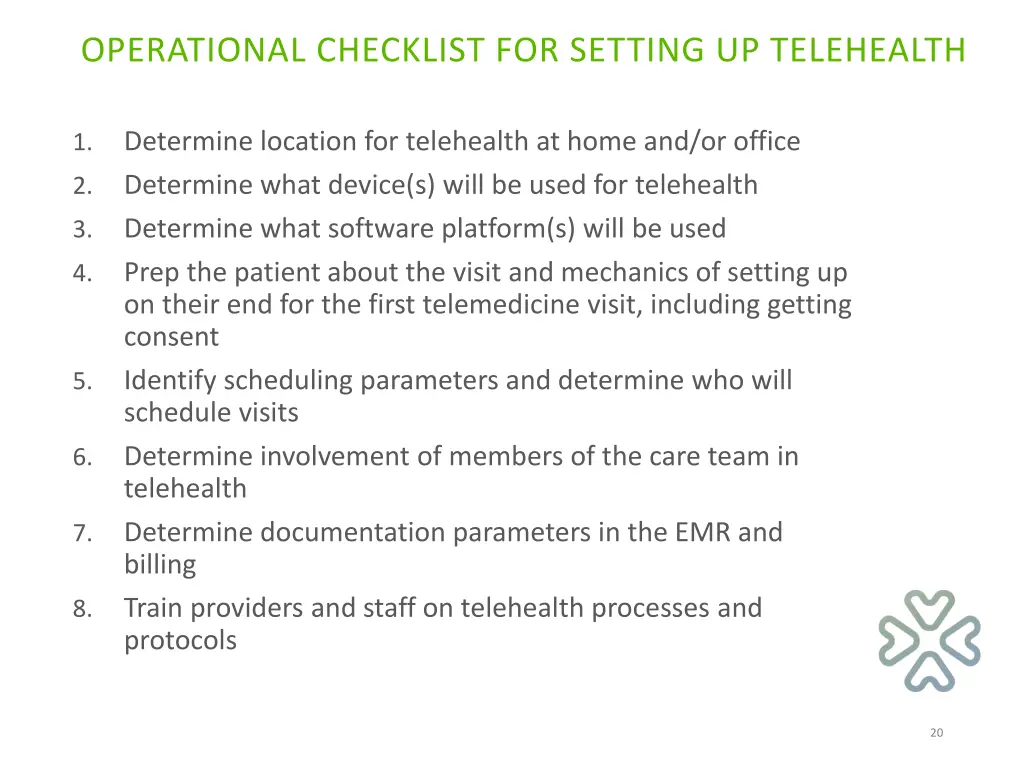 operational checklist for setting up telehealth