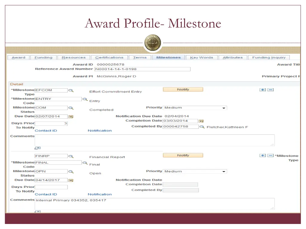 award profile milestone