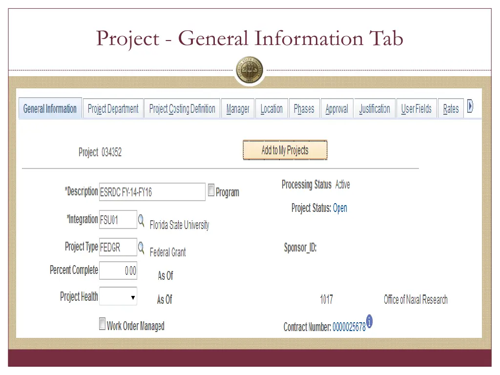 project general information tab