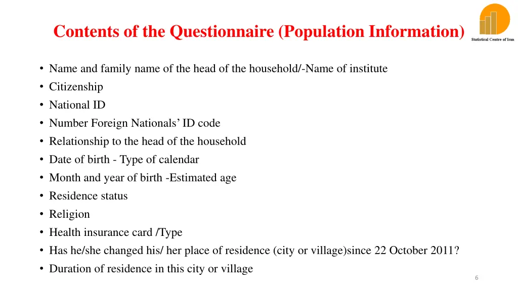 contents of the questionnaire population