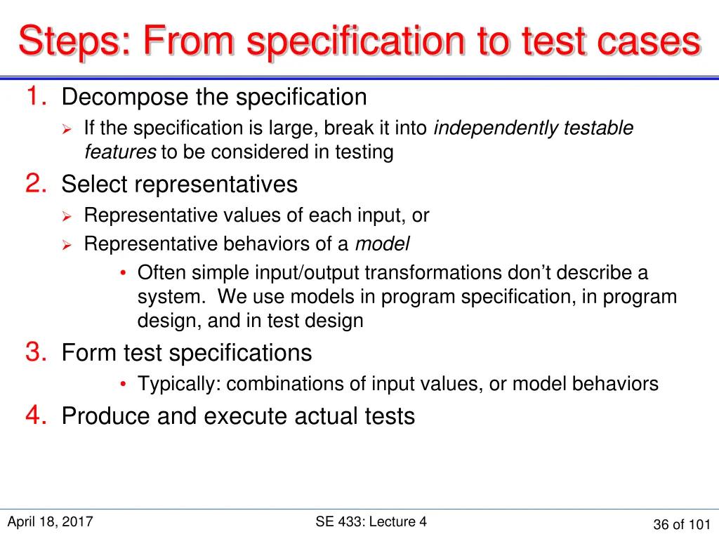 steps from specification to test cases