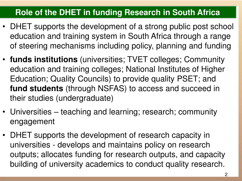 role of the dhet in funding research in south