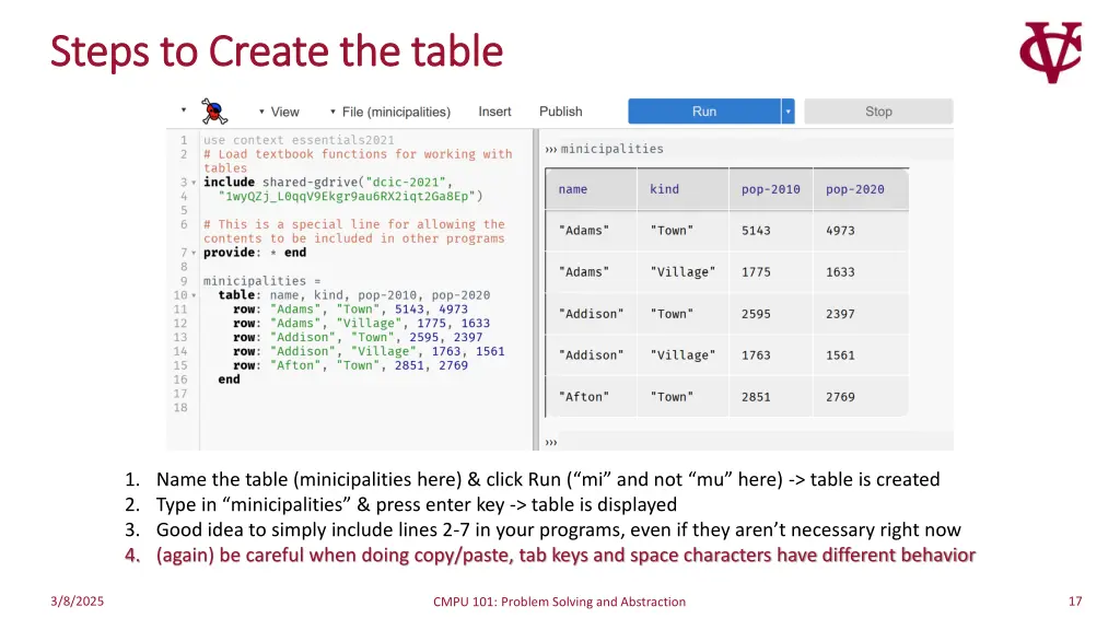 steps to create the table steps to create