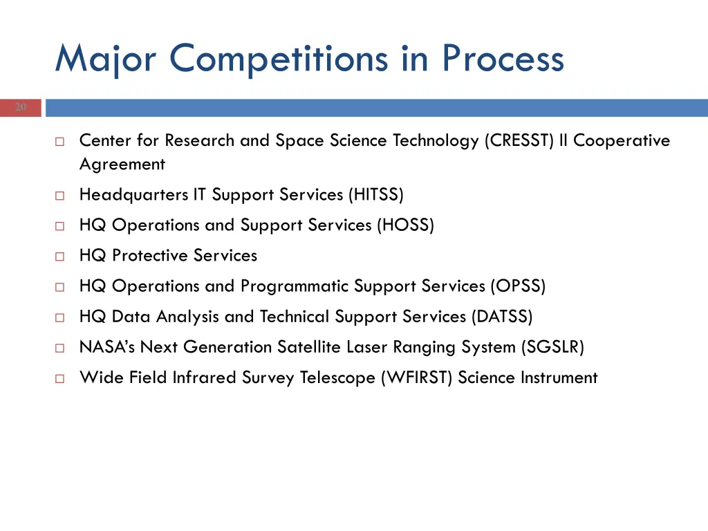 major competitions in process 1