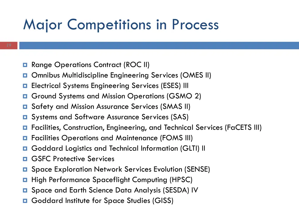 major competitions in process