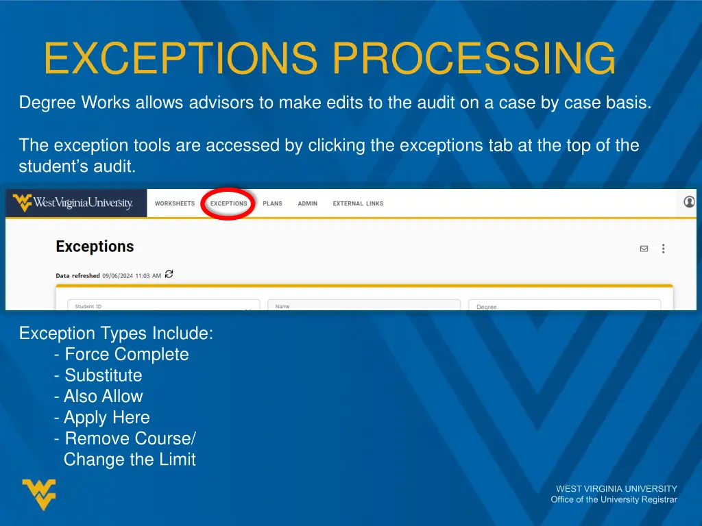 exceptions processing degree works allows