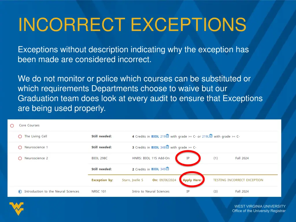 incorrect exceptions