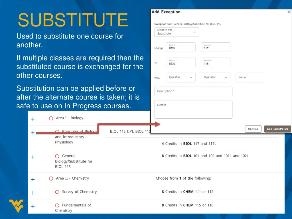 substitute used to substitute one course